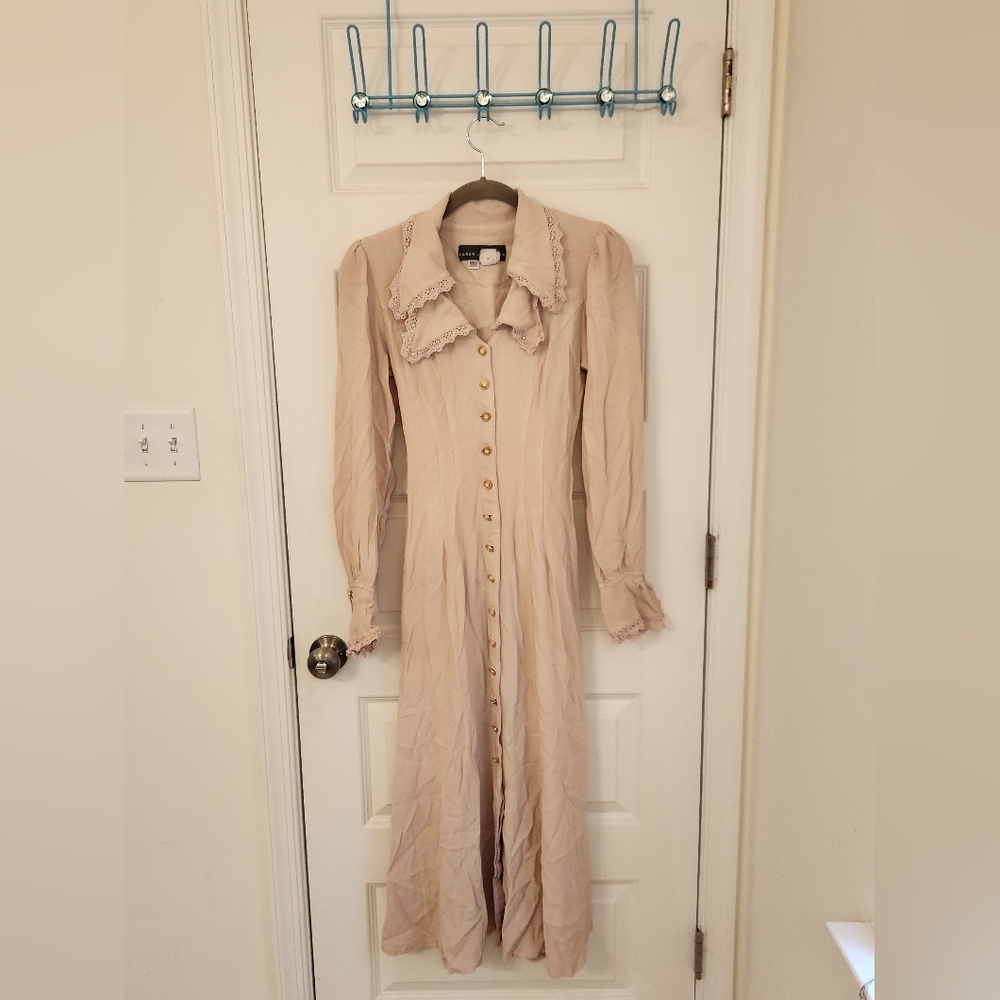 Karen‎ Alexander VTG Maxi Dress Button Down Size 8 Modern Small Pink Beige #L662